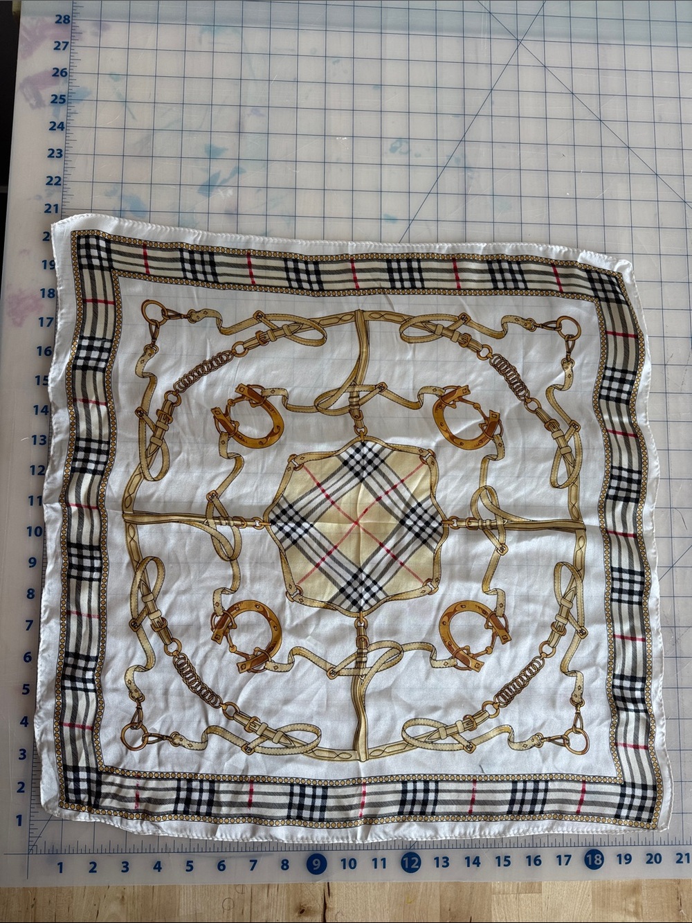 SILK - Plaid & Gold - Square Scarf - Ivory, Black, Tan